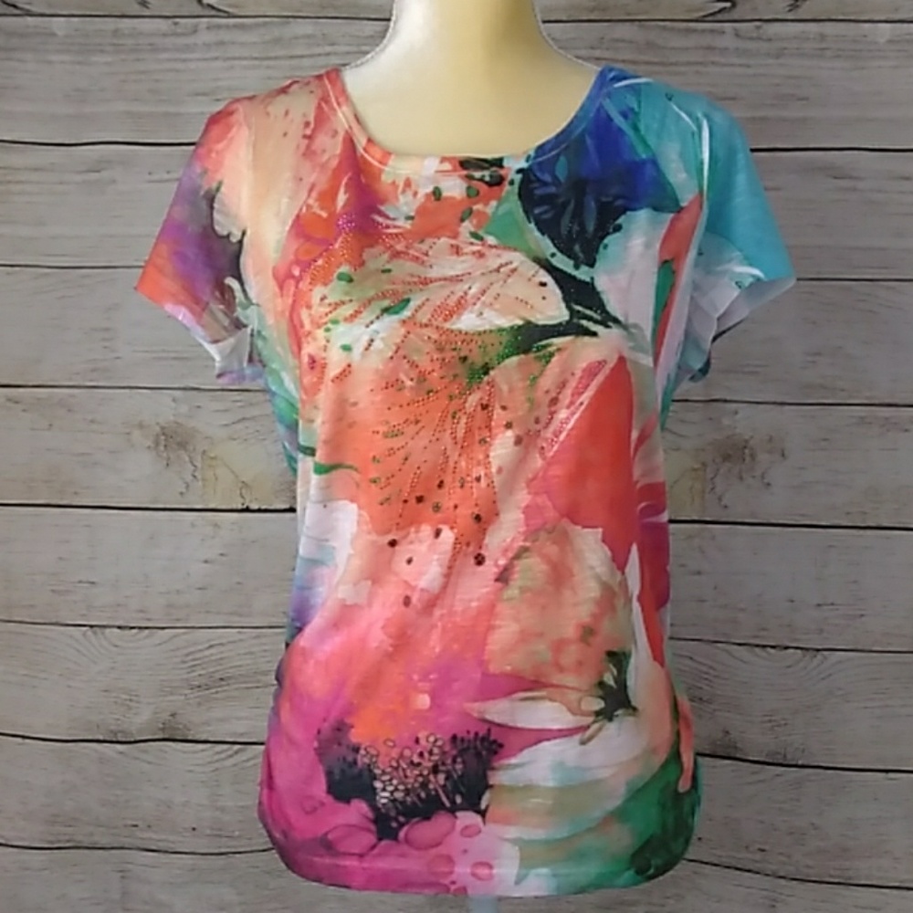 Chico's Embellished Floral Tee Women's Size 1 (M) - Picture 1 of 8